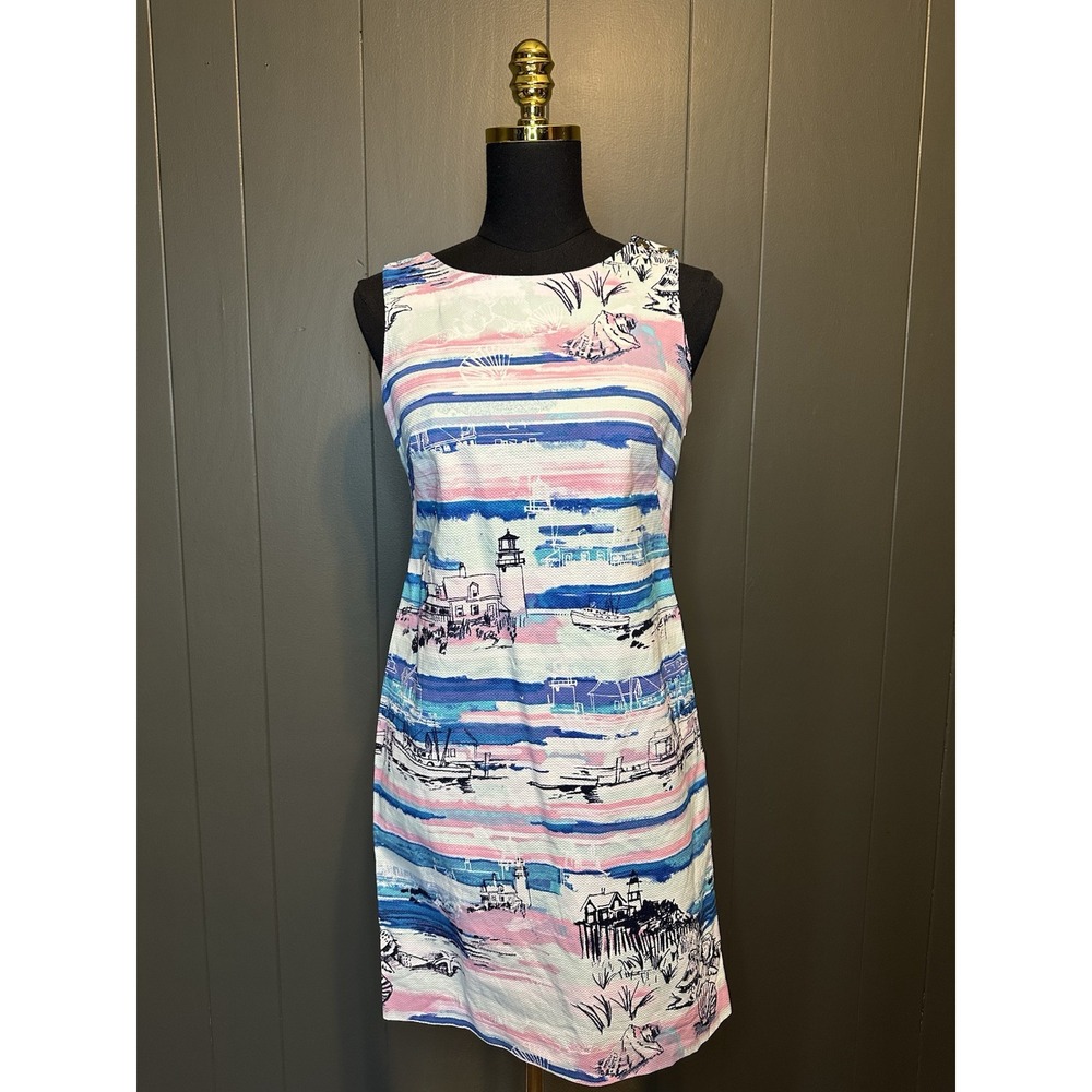 Talbots Seaside Harbor Watercolor Print Sheath‎ Dress Pink Blue Side Zip 2P